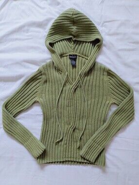 Y2K Sage Cotton Ribbed V-Neck Hooded Sweater